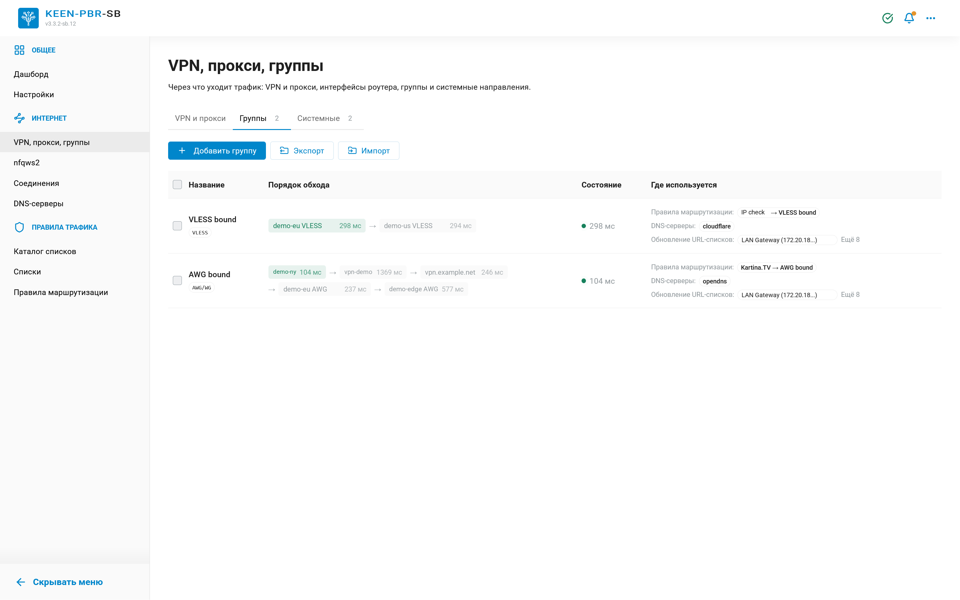 Группы VPN: порядок подключения, основной и запасные серверы